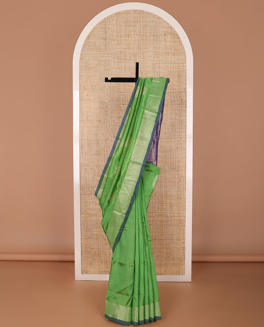 Green floral motifs uppada saree with contrast zari border & paisley design pallu