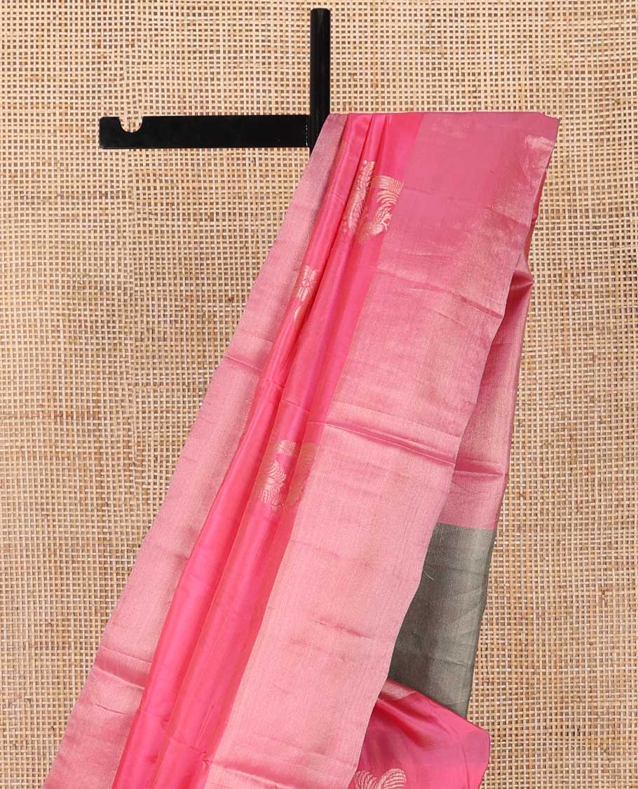 Pink floral motifs uppada saree with self zari border & floral design pallu