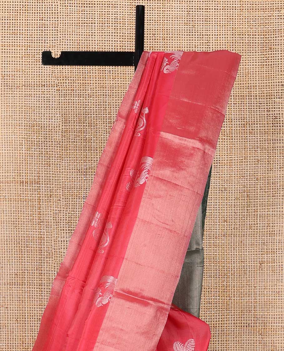 Red floral motifs uppada saree with self zari border & floral vine design pallu