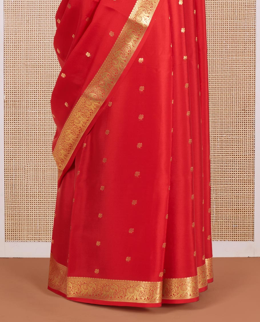 Red Mysore Silk Saree Beautified with Zari Buttas, Highlighted by Zari Border of Elephant Designs, Gleaming Zari Woven Pallu of Floral Zari Designs, and Paired with a Matching Blouse