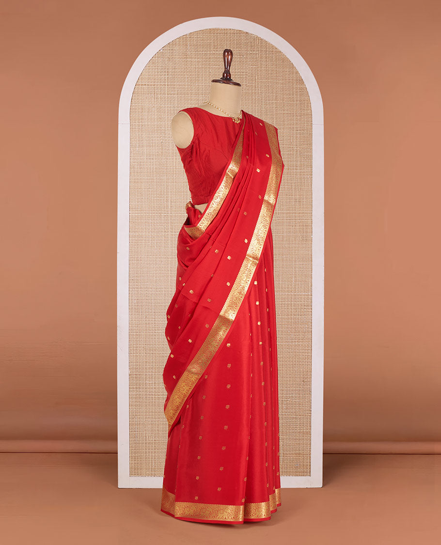 Red Mysore Silk Saree Beautified with Zari Buttas, Highlighted by Zari Border of Elephant Designs, Gleaming Zari Woven Pallu of Floral Zari Designs, and Paired with a Matching Blouse