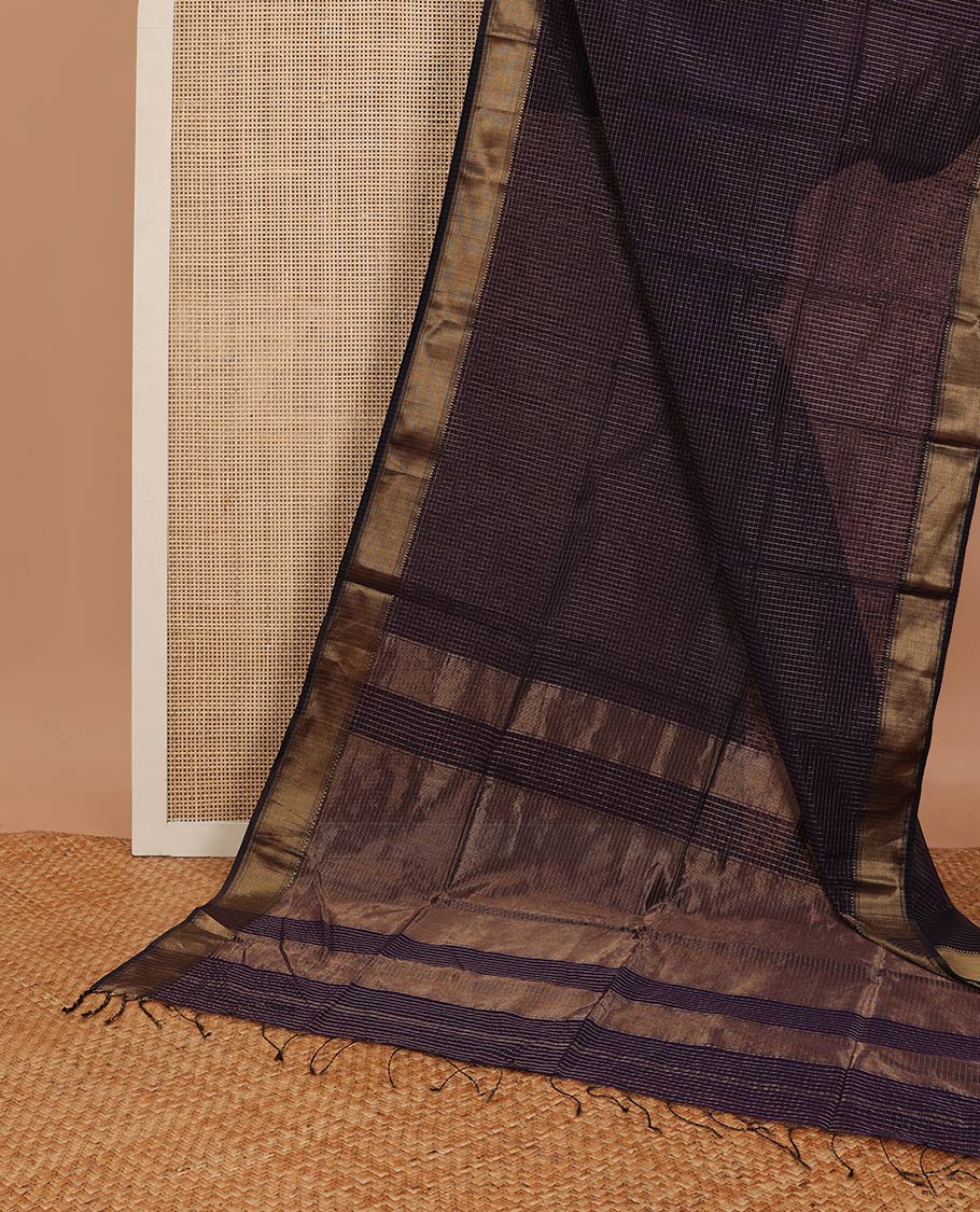 Violet checked maheshwari cotton saree with self zari design border & striped pallu