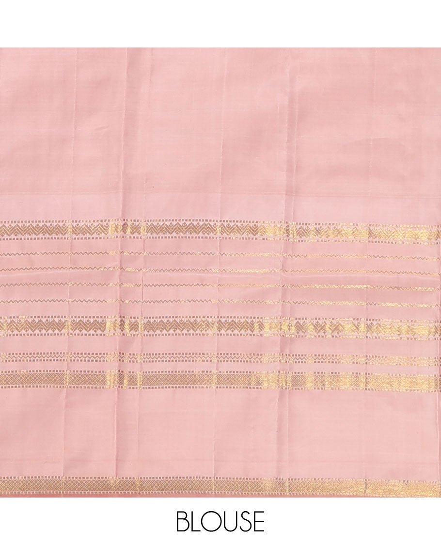 Cream-pink Kanchipuram silk saree features Muthu stripes,mayil kann, and neli designs, rettai pettu mayil kann border, and zari woven pallu