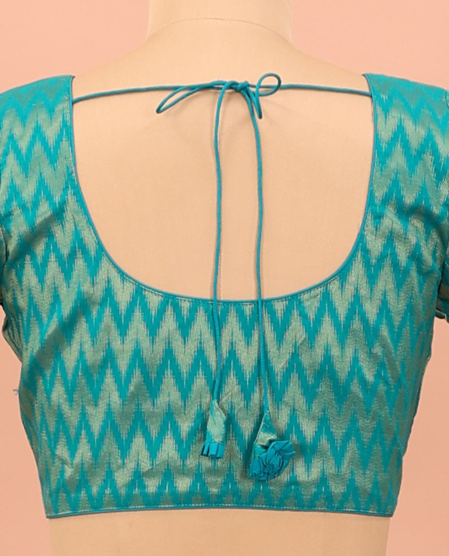 Blue chevron striped front-back round neck elbow sleeve readymade blouse