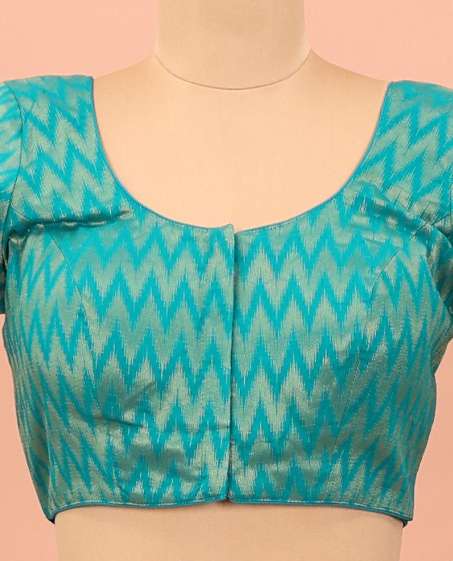 Blue chevron striped front-back round neck elbow sleeve readymade blouse