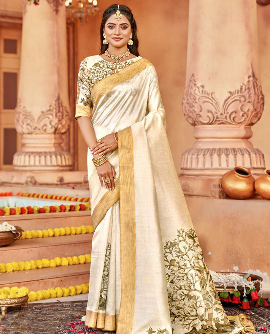 Cream birds on the tree motifs designer catalog saree, bavanji border, and pallu features birds on the tree motif