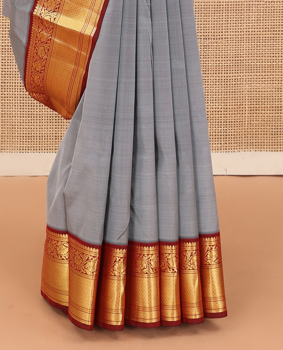 Grey zari buttas Bangalore silk saree, contrast traditional zari design border, and jaal pallu