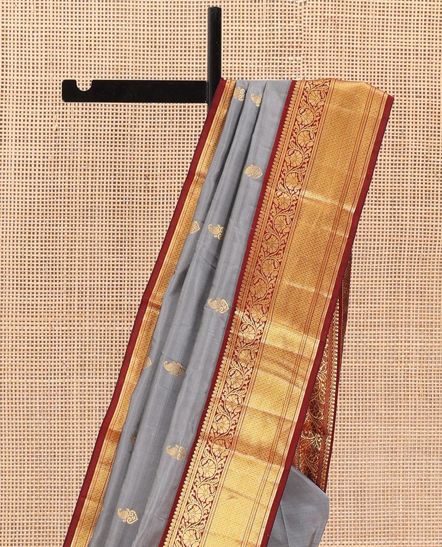 Grey zari buttas Bangalore silk saree, contrast traditional zari design border, and jaal pallu