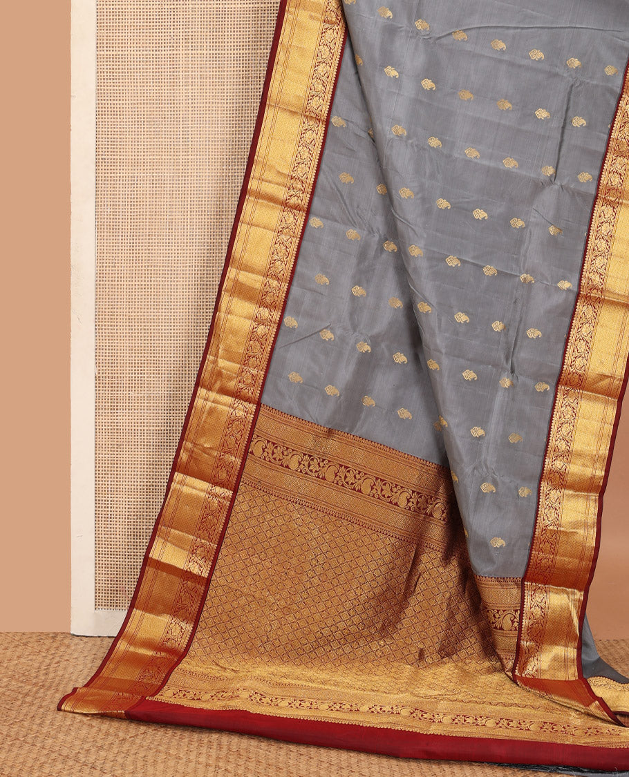 Grey zari buttas Bangalore silk saree, contrast traditional zari design border, and jaal pallu