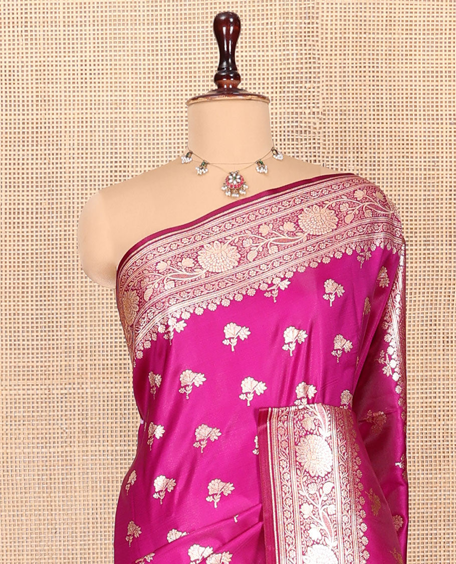 Rani Pink Banarasi Nylon Saree, Finely Crafted with Zari Buttas, Highlighted by a Floral Creeper Zari Border, Intricate Pallu, and a Matching Blouse