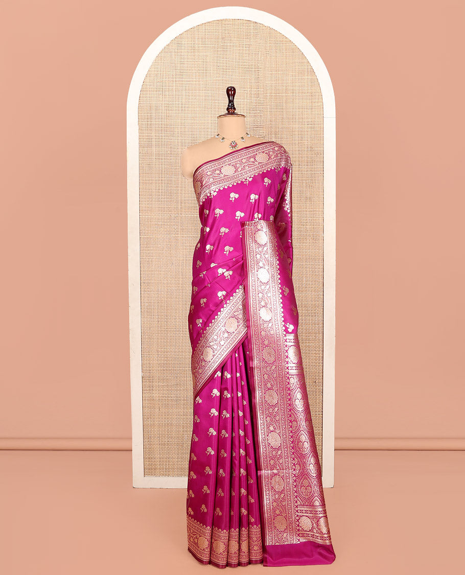 Rani Pink Banarasi Nylon Saree, Finely Crafted with Zari Buttas, Highlighted by a Floral Creeper Zari Border, Intricate Pallu, and a Matching Blouse