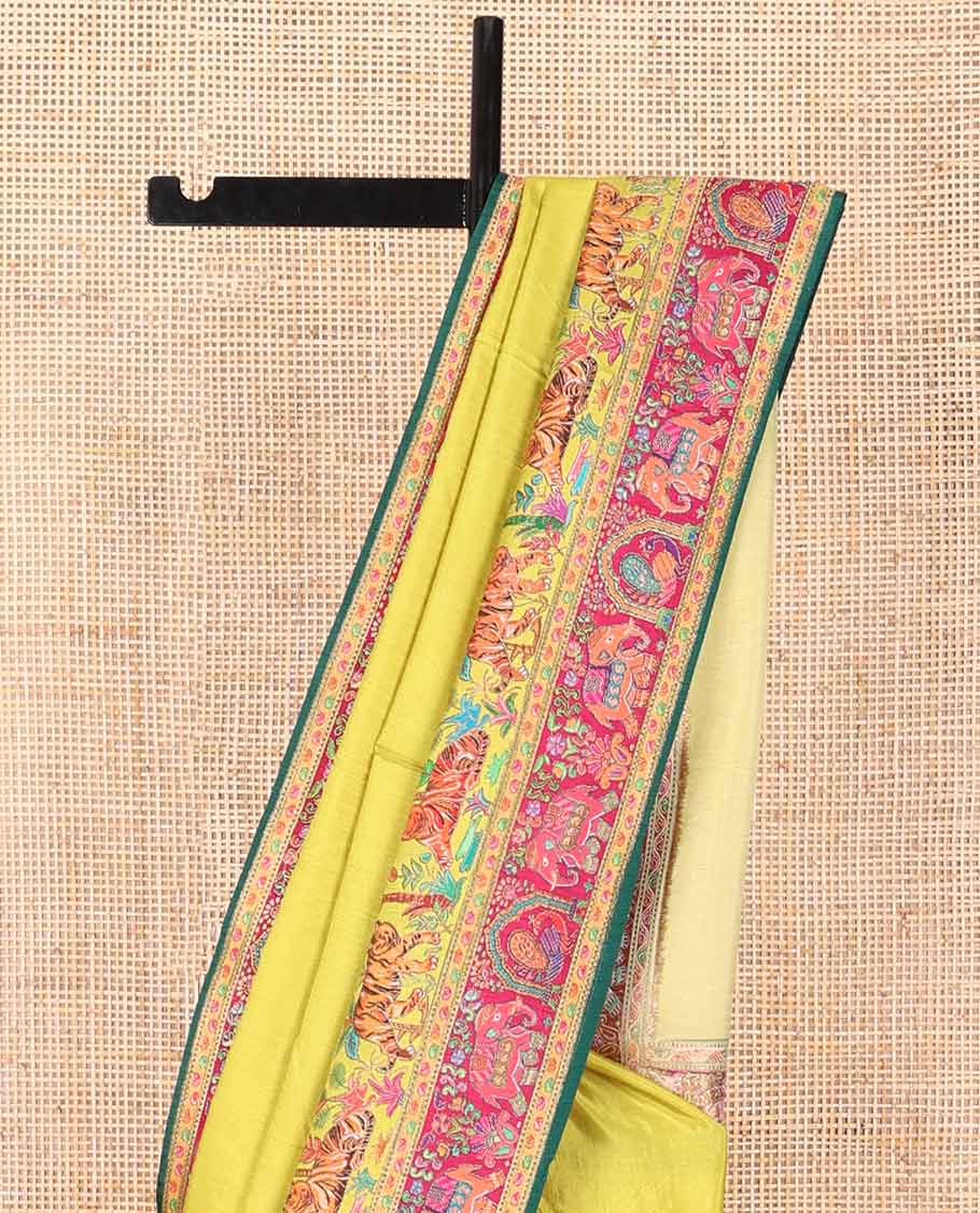 Mustard forest theme design dola saree with contrast elephant design border & forest theme design pallu