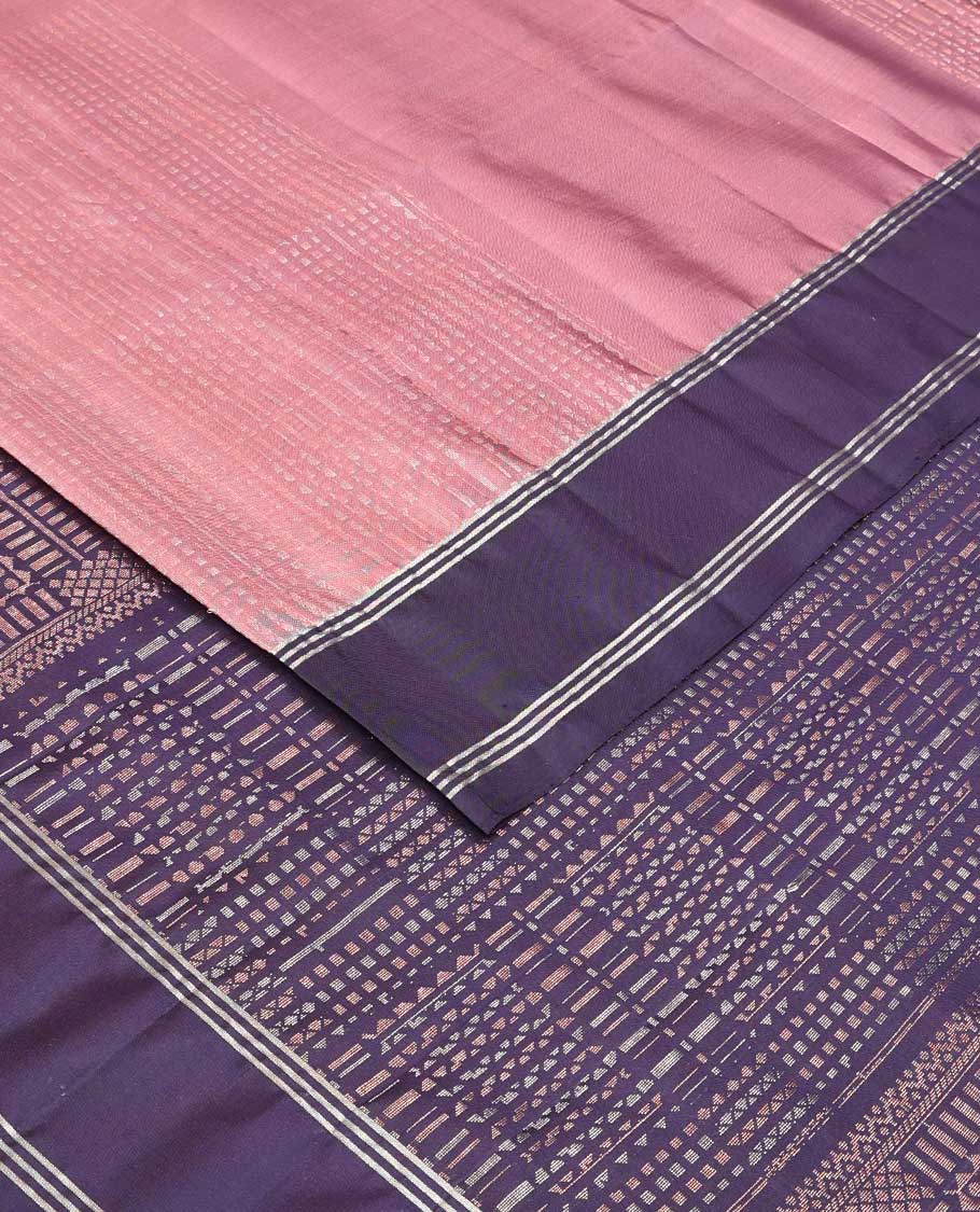 Pink zari checked soft silk saree, contrast zari striped border, and pallu of geometric designs in zari
