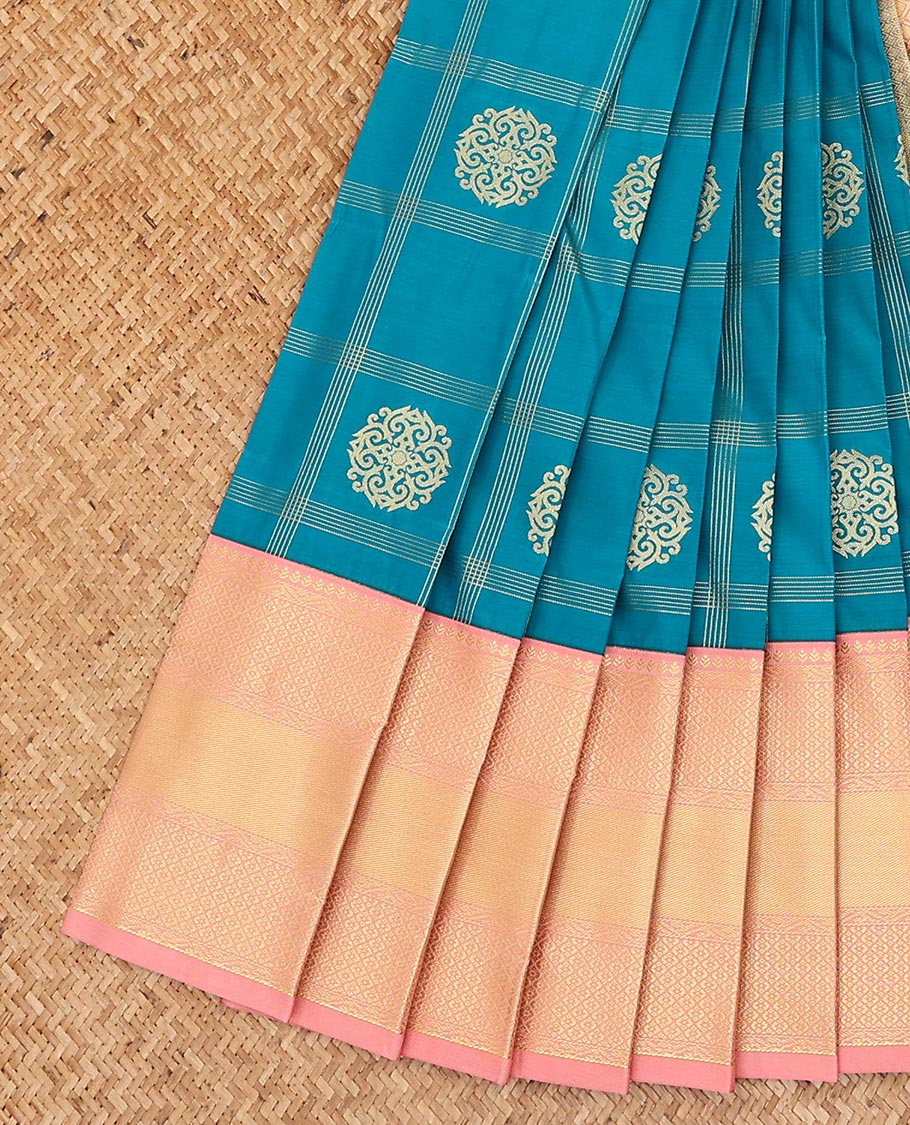 Blue butta enclosed checked gift saree, contrast traditional zari design border, and jaal pallu