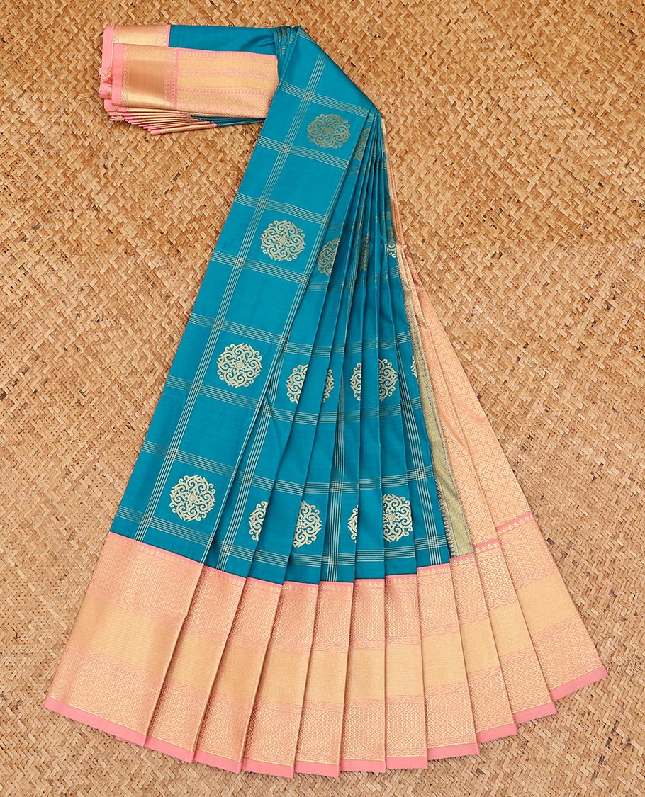 Blue butta enclosed checked gift saree, contrast traditional zari design border, and jaal pallu