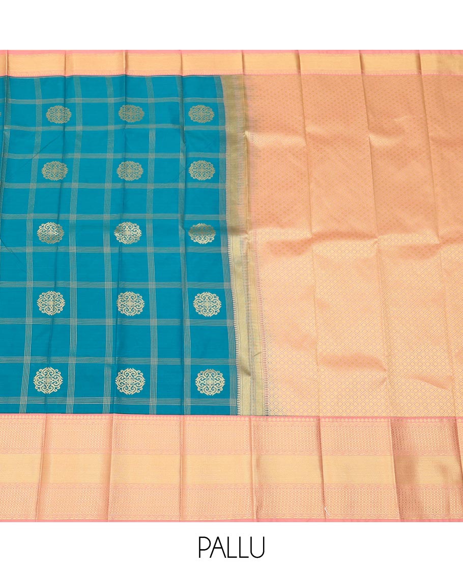 Blue butta enclosed checked gift saree, contrast traditional zari design border, and jaal pallu