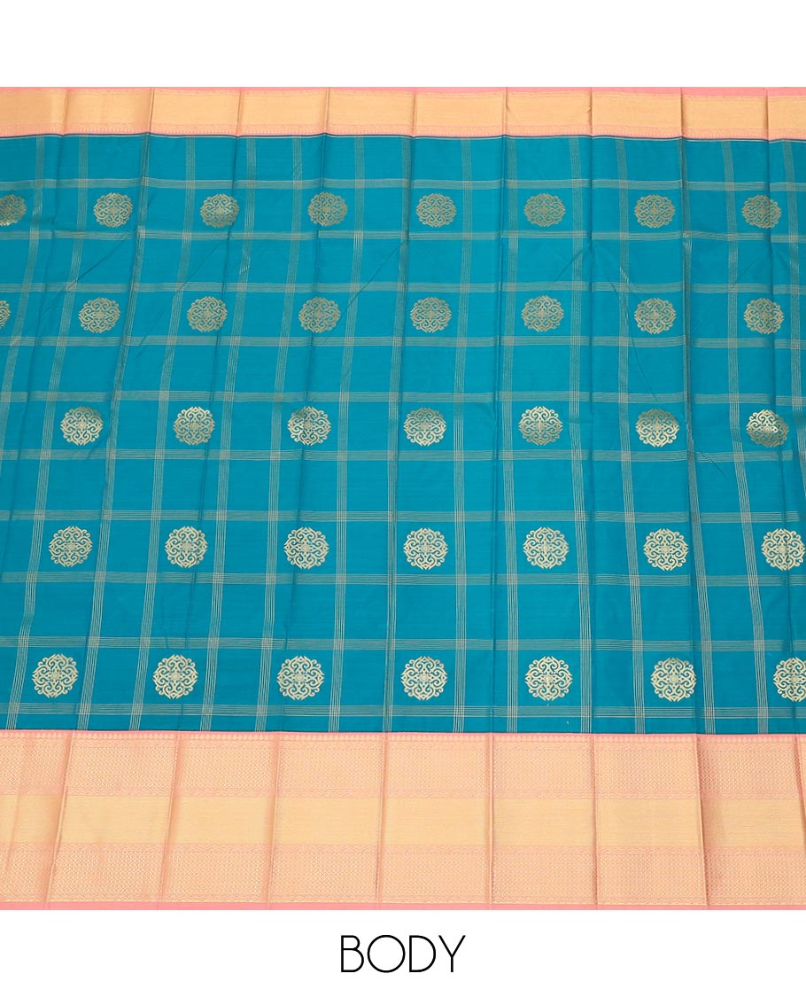 Blue butta enclosed checked gift saree, contrast traditional zari design border, and jaal pallu