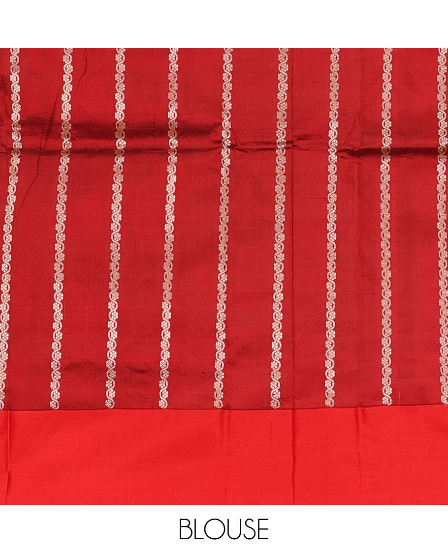 Green floral buttas katan silk saree, contrast traditional border of flora-fauna designs, and pallu of peacock, and derr motifs enclosed circles