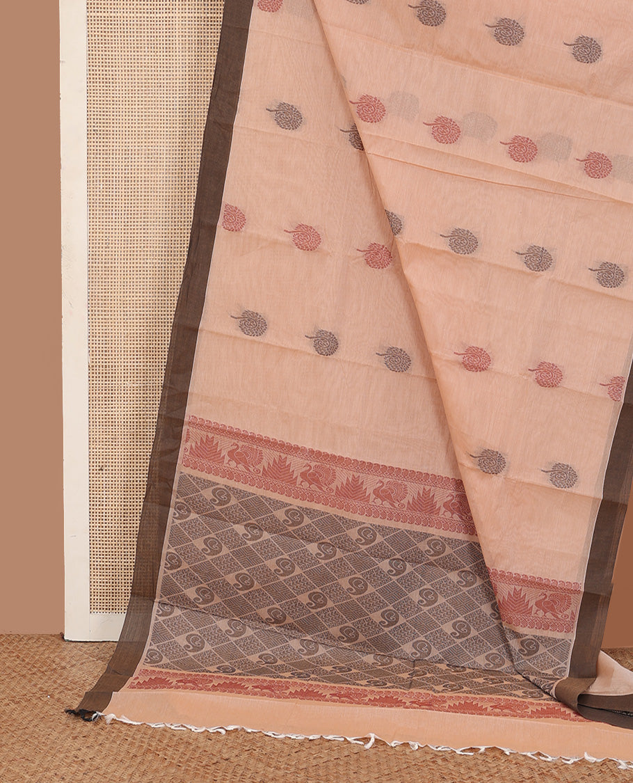 Sandal floral buttas kanchi cotton saree, contrast border, and jaal pallu