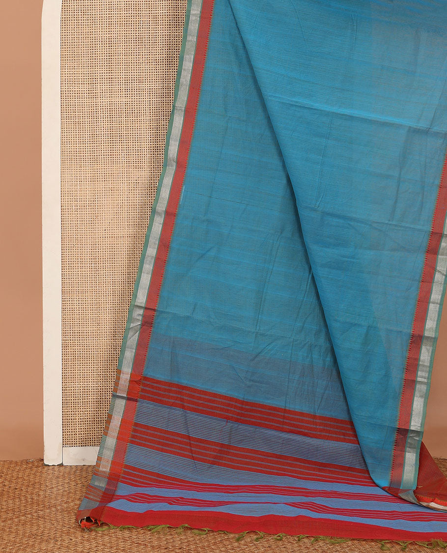 Blue sparesly striped Mangalagiri Cotton saree, contrast temple zari border, striped pallu, and contrast plain blouse