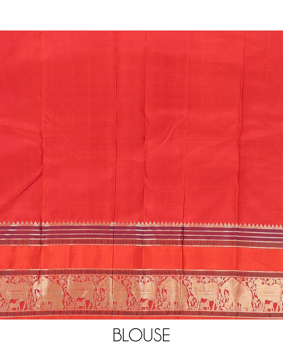 Maroon thread buttas Kanchipuram silk saree, contrast rettai pettu border of rekku, rudraksham, yaanai, and Pichwai cow designs, and pallu features Vrishabha Kunjara design