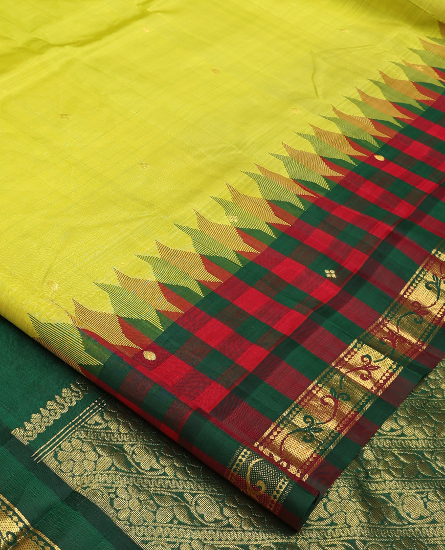 Parrot green zari buttas Kanchipuram silk saree, contrast one-sided checked border of thazampoo rekku, and kamalam designs, and zari design pallu