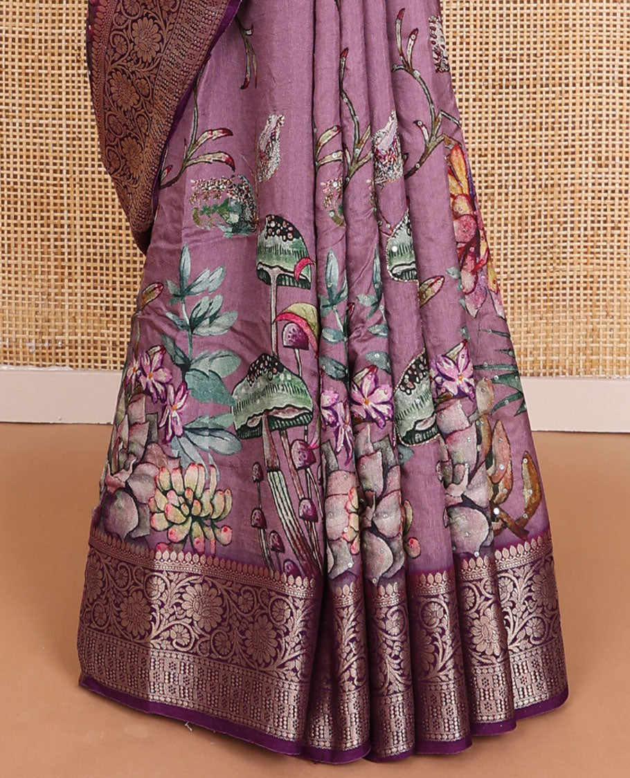 Purple floral printed with embroidered dola silk saree, contrast traditional zari design border & zari striped pallu
