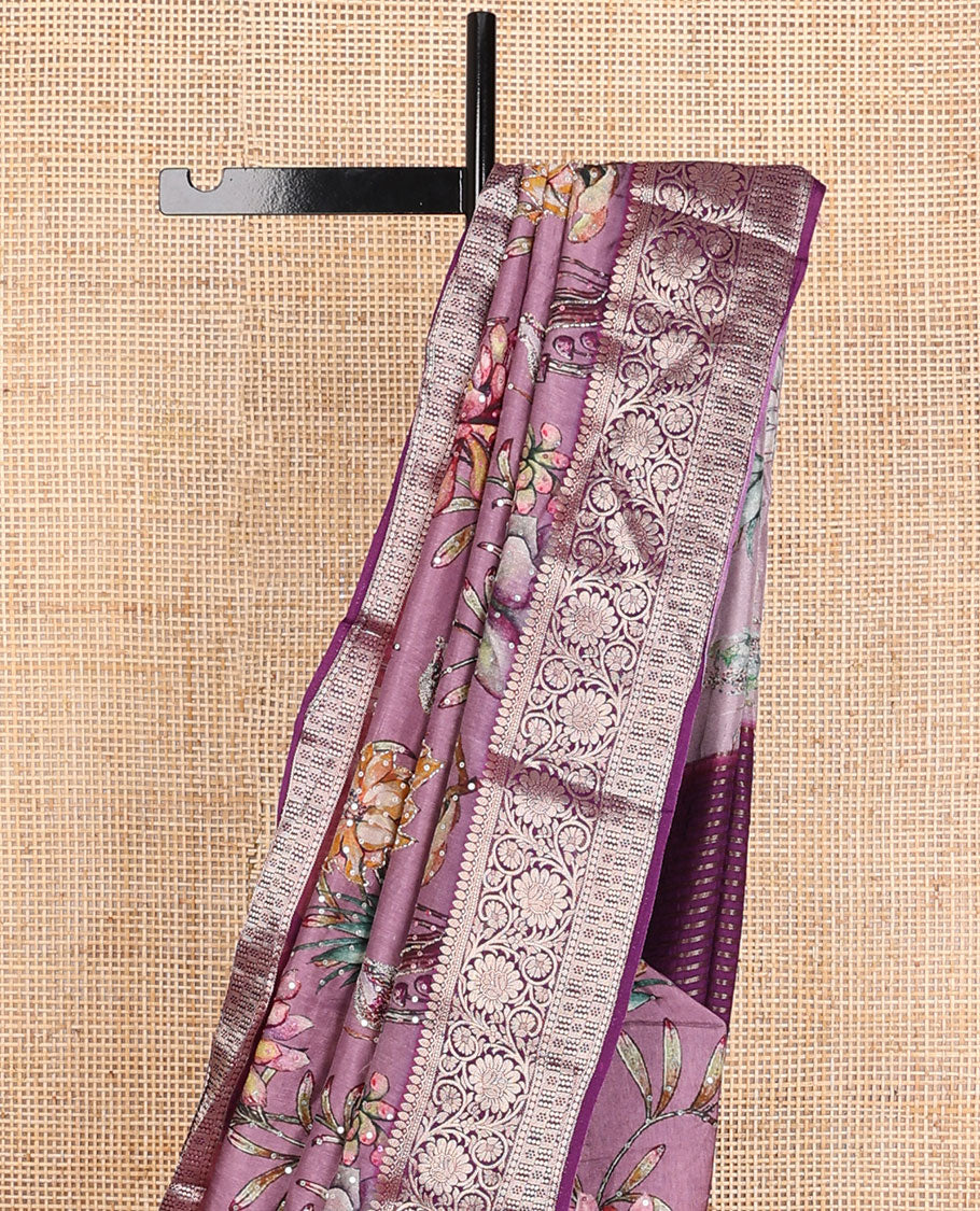 Purple floral printed with embroidered dola silk saree, contrast traditional zari design border & zari striped pallu