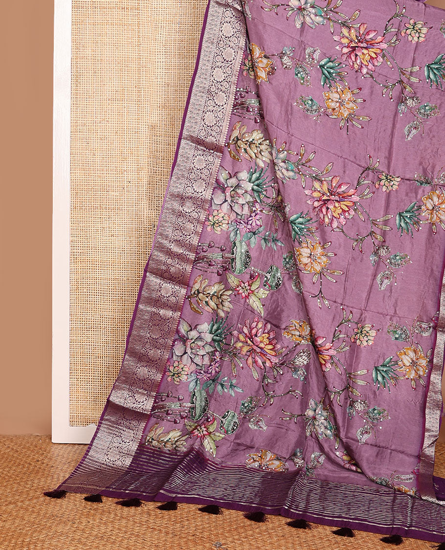 Purple floral printed with embroidered dola silk saree, contrast traditional zari design border & zari striped pallu