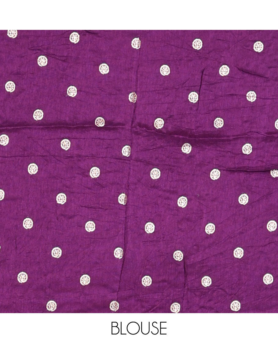 Purple floral printed with embroidered dola silk saree, contrast traditional zari design border & zari striped pallu
