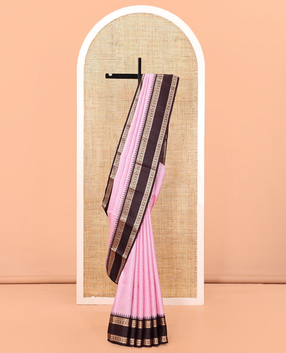 Pink Checked Vasundhara Silk Saree, Contrast Rettai Pettu Border, Contrast Blouse