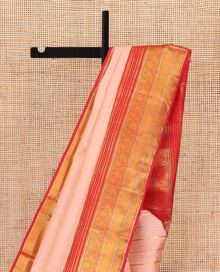Pink zari designs Kanchipuram silk saree,contrast border of rekku,muthu,mayil,zari stripes & mayil kann designs & floral butta enclosed checked pallu