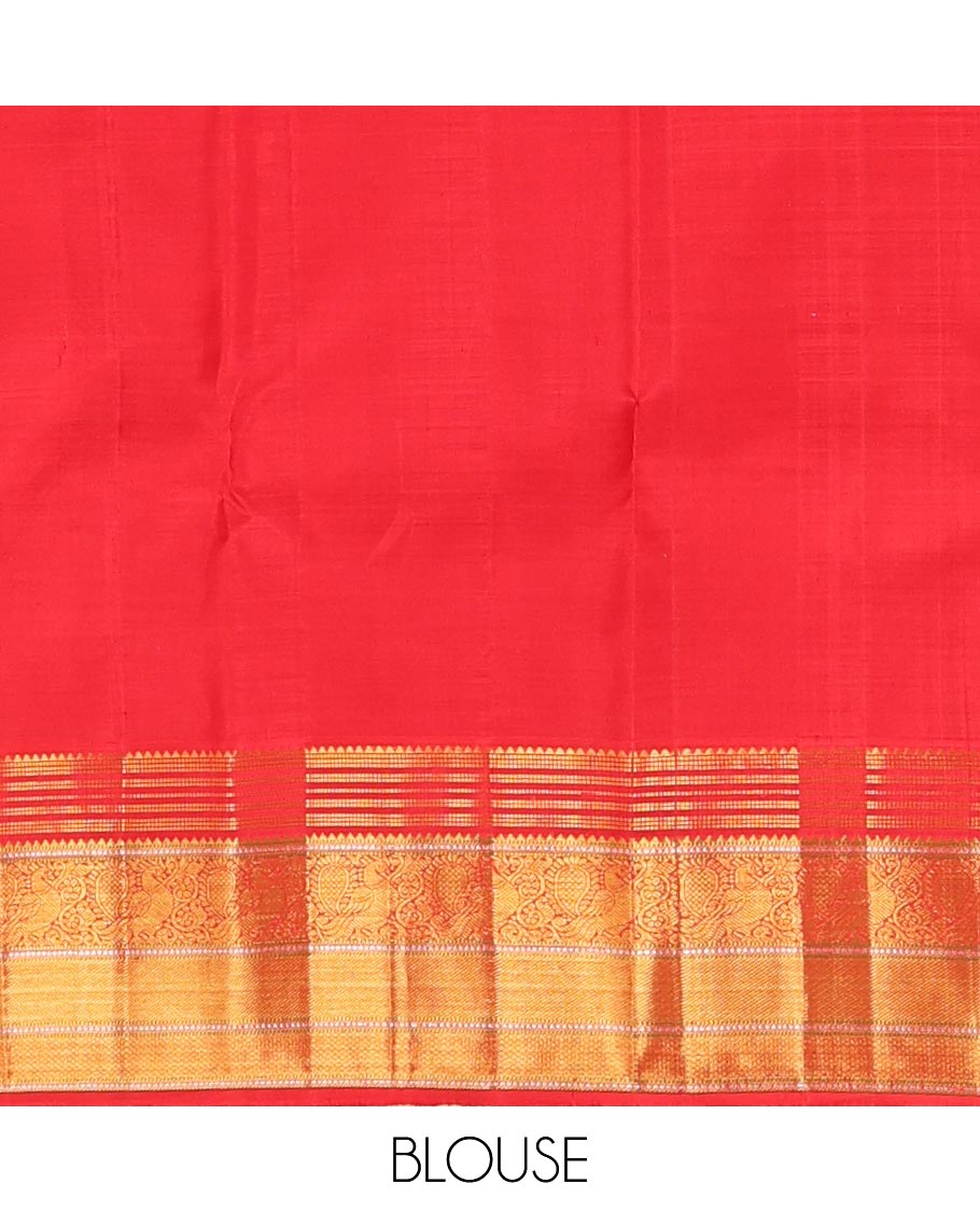 Pink zari designs Kanchipuram silk saree,contrast border of rekku,muthu,mayil,zari stripes & mayil kann designs & floral butta enclosed checked pallu