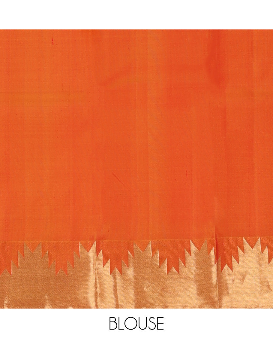 Orange plain Kanchipuram silk saree, thazampoo rekku zari border, and diagonally woven geometric patterned pallu