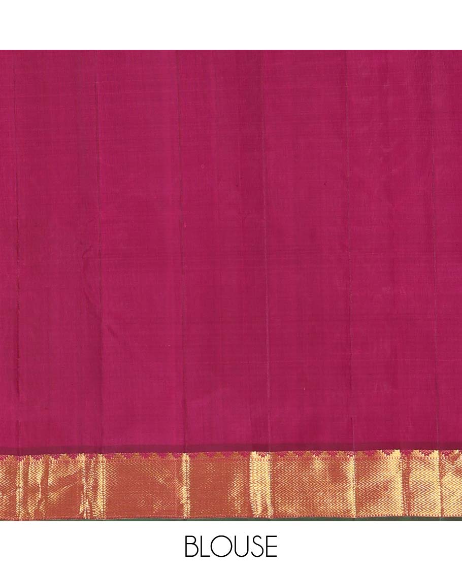 Orange Plain Kanchipuram Silk Saree, Complemented by Contrast Border of Thazampoo Rekku, Muthu and Vanki Designs, Zari Designs Woven Pallu, and Paired with a Contrast Blouse