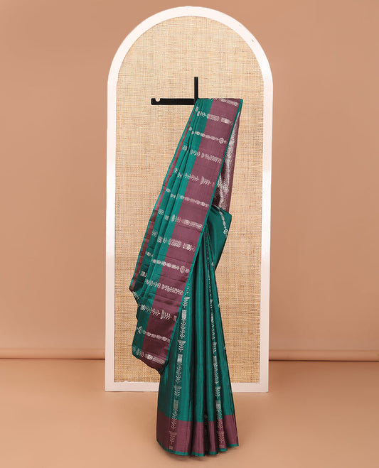 Green zari stripes soft silk saree , contrast zari design border & floral design pallu