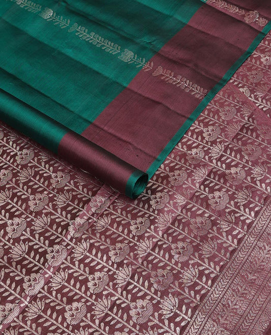 Green zari stripes soft silk saree , contrast zari design border & floral design pallu