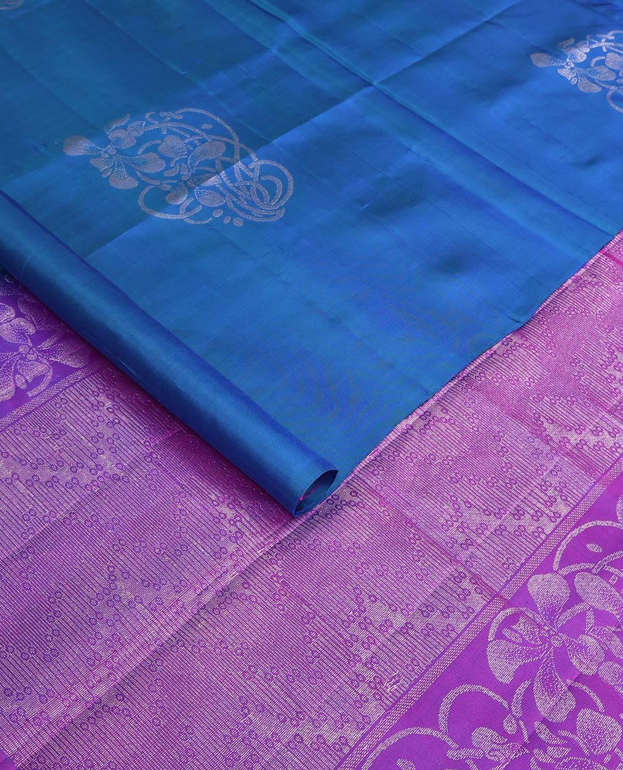 Borderless blue floral buttas woven soft silk saree, contrast pallu of floral and chevron designs