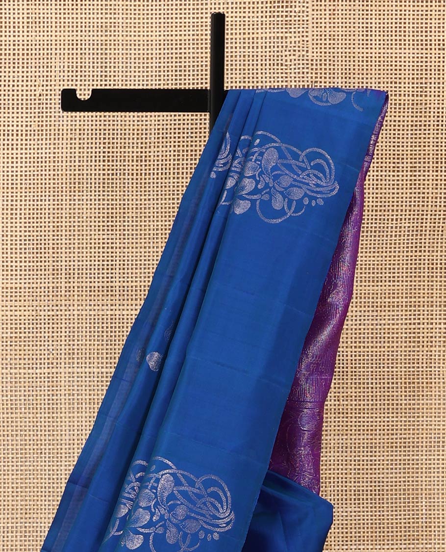 Borderless blue floral buttas woven soft silk saree, contrast pallu of floral and chevron designs