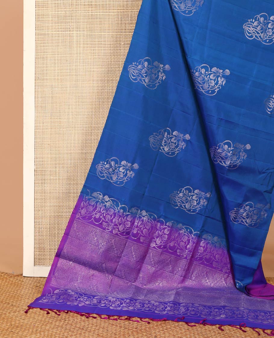 Borderless blue floral buttas woven soft silk saree, contrast pallu of floral and chevron designs