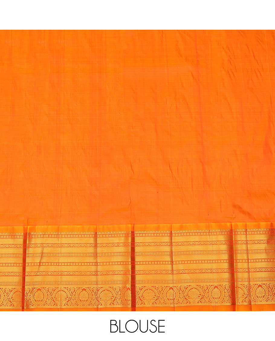 Red zari design pure-silk half-saree with contrast border of traditional zari designs, contrast zari bordered blouse, and a dhavani of manga designs