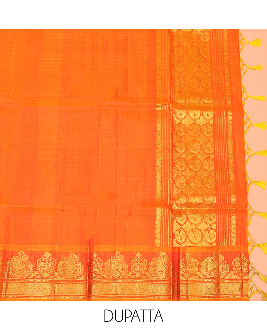 Red zari design pure-silk half-saree with contrast border of traditional zari designs, contrast zari bordered blouse, and a dhavani of manga designs