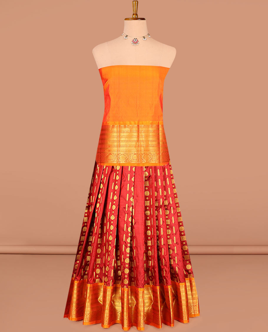 Red zari design pure-silk half-saree with contrast border of traditional zari designs, contrast zari bordered blouse, and a dhavani of manga designs