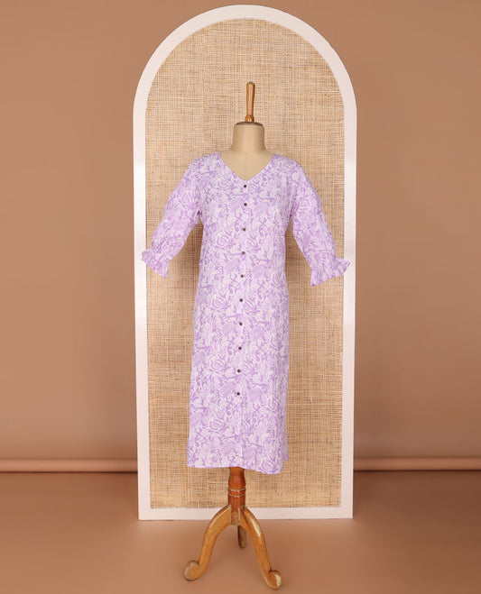 Lavender floral printed round neck , 3/4 th sleeve , below knee lenght kurti with straight pants