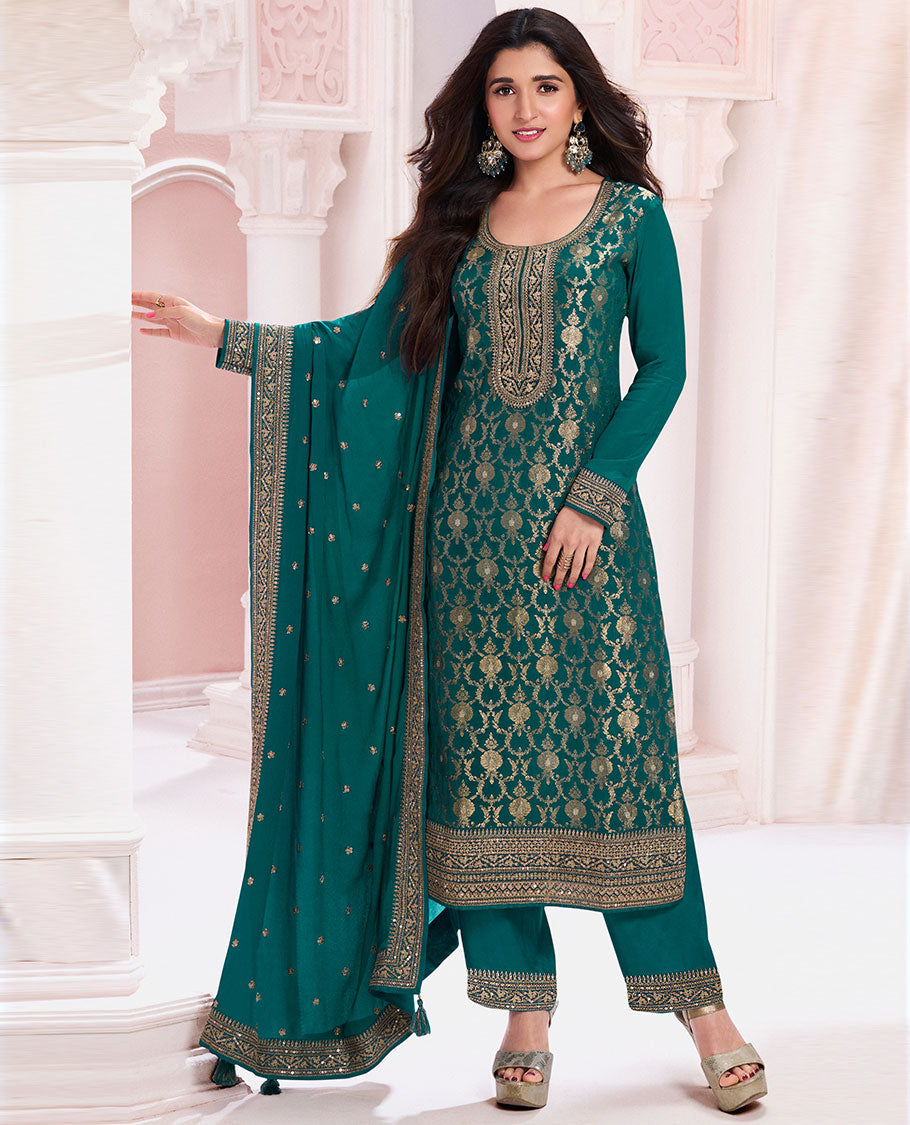 Green dress material catalouge floral embroidery top with plain bottom & floral embroidey dupatta