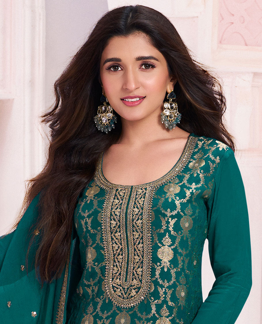 Green dress material catalouge floral embroidery top with plain bottom & floral embroidey dupatta