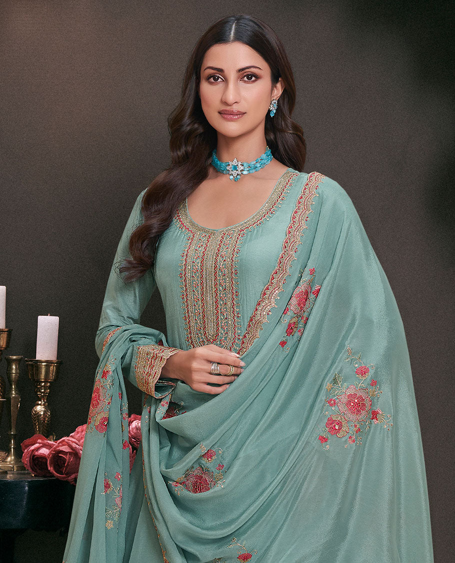 Blue dress material catalouge floral embroidery anarkali with floral embroidery scallop border dupatta