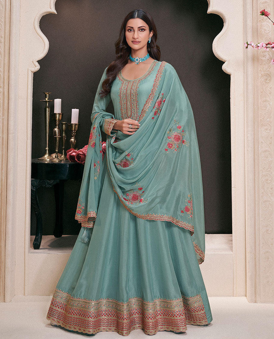 Blue dress material catalouge floral embroidery anarkali with floral embroidery scallop border dupatta