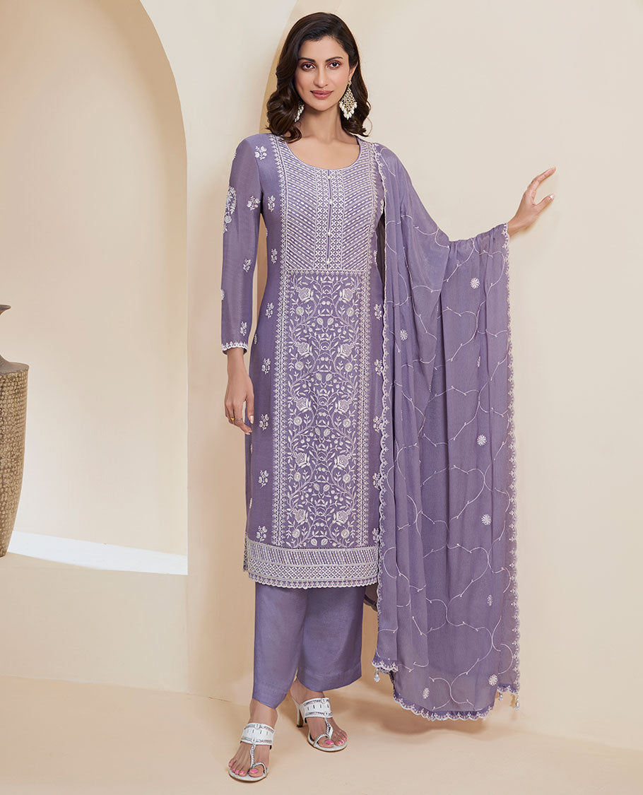Violet dress material catalouge floral thread embroidery top with plain bottom & floral embroidery scallop border dupatta