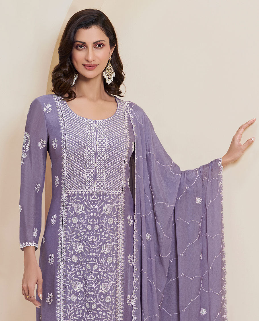 Violet dress material catalouge floral thread embroidery top with plain bottom & floral embroidery scallop border dupatta